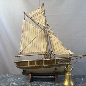 Vintage Scooner Wooden Boat Model Display With Brass Nautical Bell